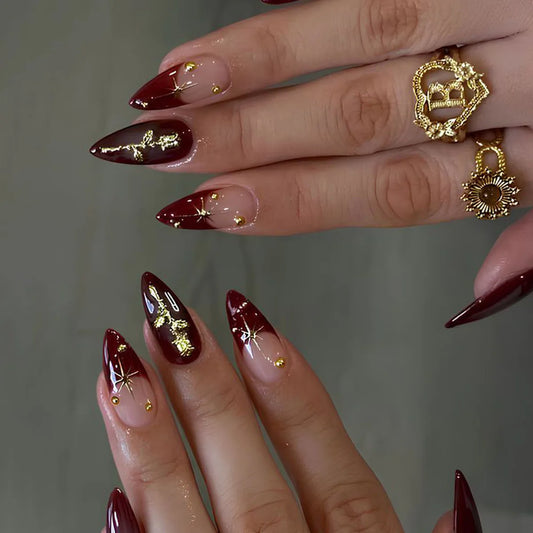 24Pcs Mid-Length Almond Reusable Press on Fake Nails 3D Golden Flower Full Cover Nails Tips Wine Red Edge French False Nails Art