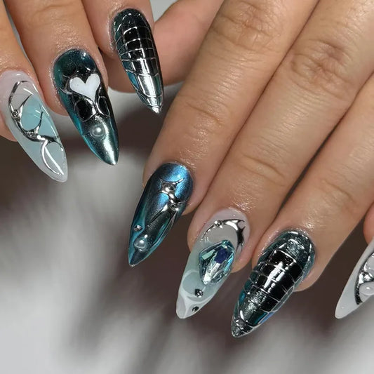 24Pcs Mid-Length Almond Press on Fake Nails 3D Irregular Metal Smudge Design Full Cover Nails Tips Reusable Finished False Nails